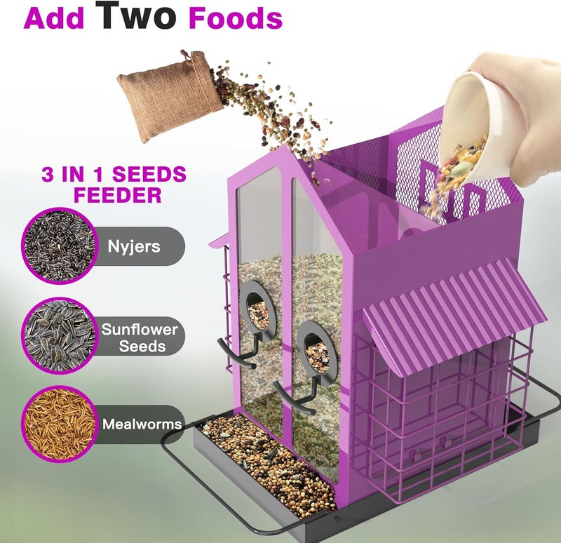FlowaFoli Bird Feeders for Outdoors, Metal Bird Feeder with Double Suet Cage Weatherproof Metal Roof, 2 in 1 Mixed Seeds Suet Feeder, 4Lbs Large Capacity, Great for Finch、Cardinal、Chickadee（Purple） - Image 3